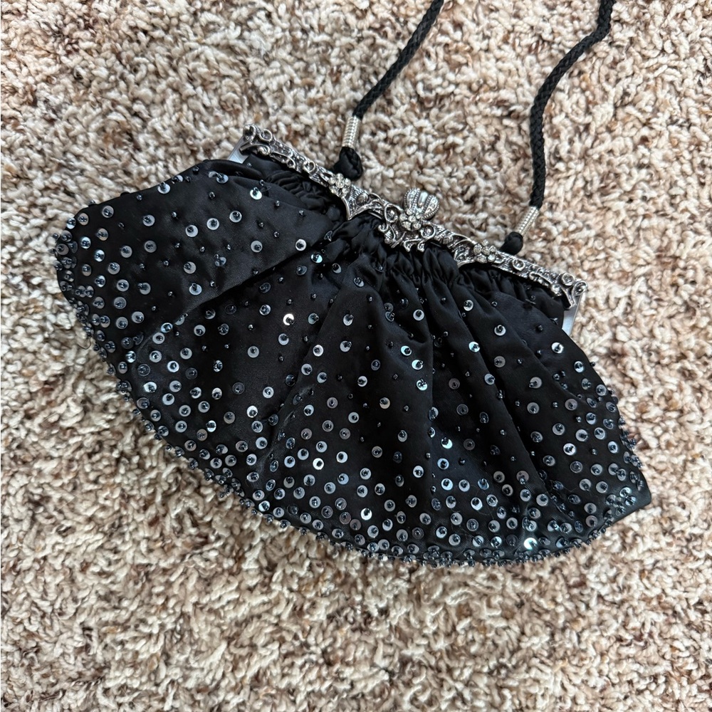Kate Landry Black Evening Drawstring Bag with Silver Frame